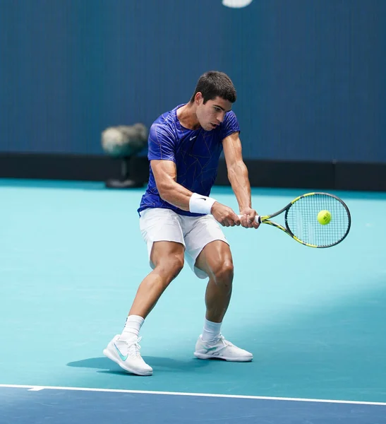 Miami Gardens Florida Aprile 2022 Tennista Spagnolo Carlos Alcaraz Azione — Foto Stock