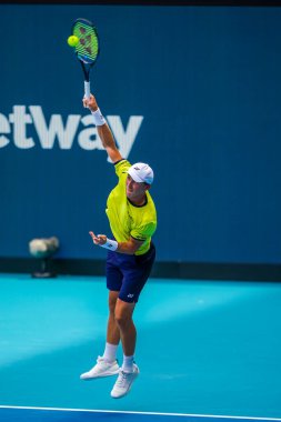 MIAMI GARDENS, FLORIDA - 3 APRIL 2022 Miami Açık 2022 finalisti Casper Ruud, Miami, Florida 'daki Hard Rock Stadyumu' nda Carlos Alcaraz 'a karşı oynadığı erkekler final maçında