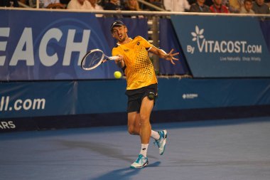 DELRAY BEACH, FLORIDA - 19 Şubat 2022: Florida 'da düzenlenen 2022 Delray Beach Open turnuvasında Avustralyalı profesyonel tenisçi John Millman