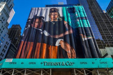 NEW YORK - MARCH 3, 2022: Ad campaign for Tiffany Co with Beyonce and Jay-Z on the Tiffany's Fifth Avenue Flagship store in New York
