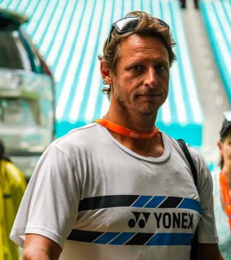 MIAMI GARDENS, FLORIDA - APRIL 1, 2022: Arjantinli eski tenisçi David Nalbandian Miami 'deki Hard Rock Stadyumu' nda 2022 Miami Open 'a katıldı. O artık Miomir Kecmanoviç 'in teknik direktörü.