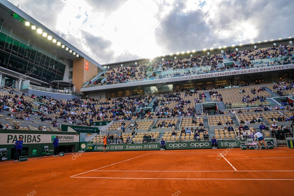 PARIS, FRANCE- MAY 30, 2022: Court Philippe Chatrier at Le Stade Roland Garros during round 4 match at 2022 Roland Garros in Paris, France