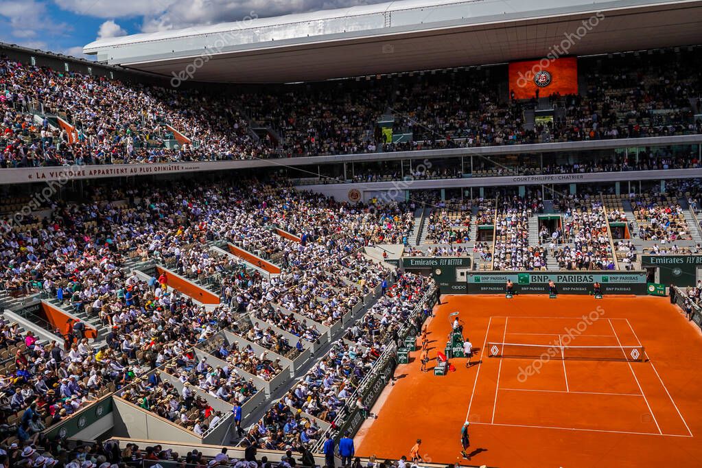 PARIS, FRANCE- MAY 30, 2022: Court Philippe Chatrier at Le Stade Roland Garros during round 4 match at 2022 Roland Garros in Paris, France
