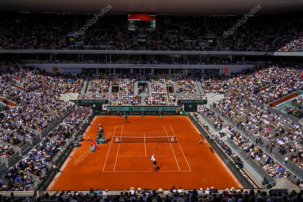 PARIS, FRANCE- MAY 30, 2022: Court Philippe Chatrier at Le Stade Roland Garros during round 4 match at 2022 Roland Garros in Paris, France