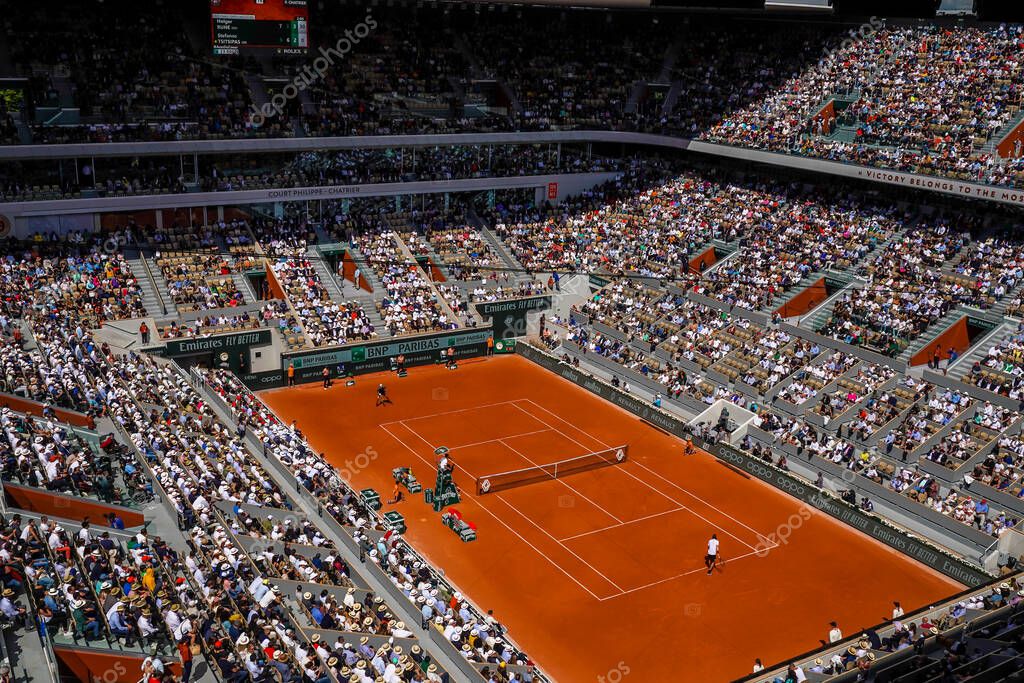 PARIS, FRANCE- MAY 30, 2022: Court Philippe Chatrier at Le Stade Roland Garros during round 4 match at 2022 Roland Garros in Paris, France