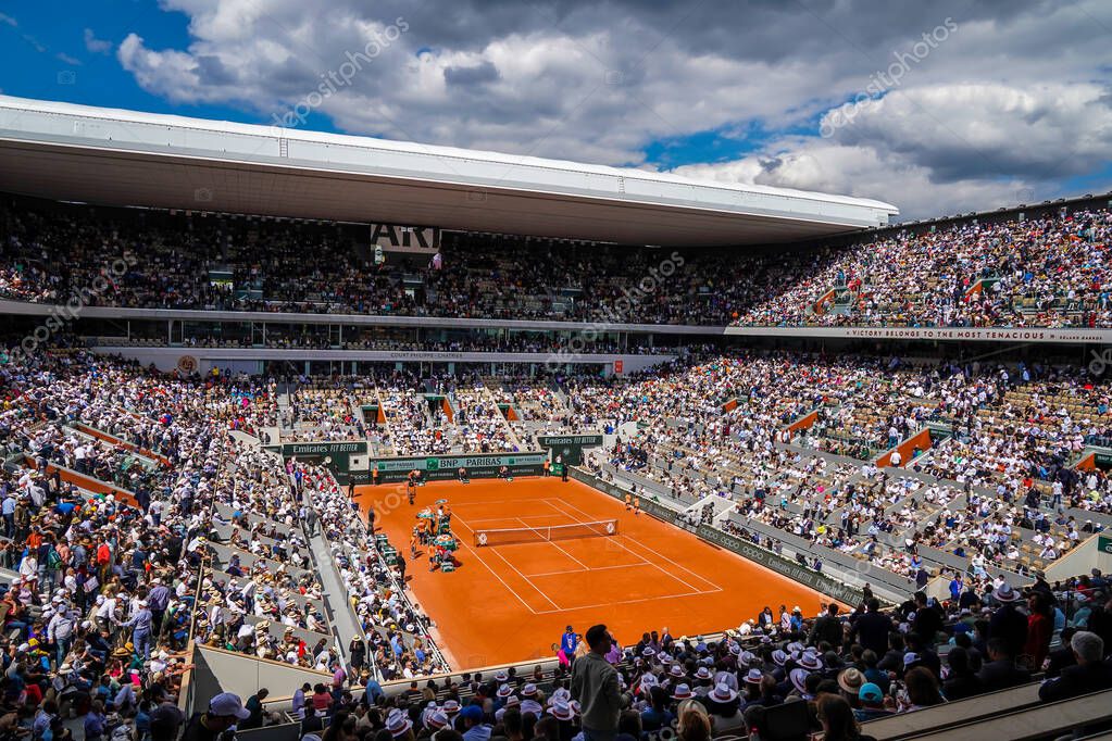 PARIS, FRANCE- MAY 30, 2022: Court Philippe Chatrier at Le Stade Roland Garros during round 4 match at 2022 Roland Garros in Paris, France