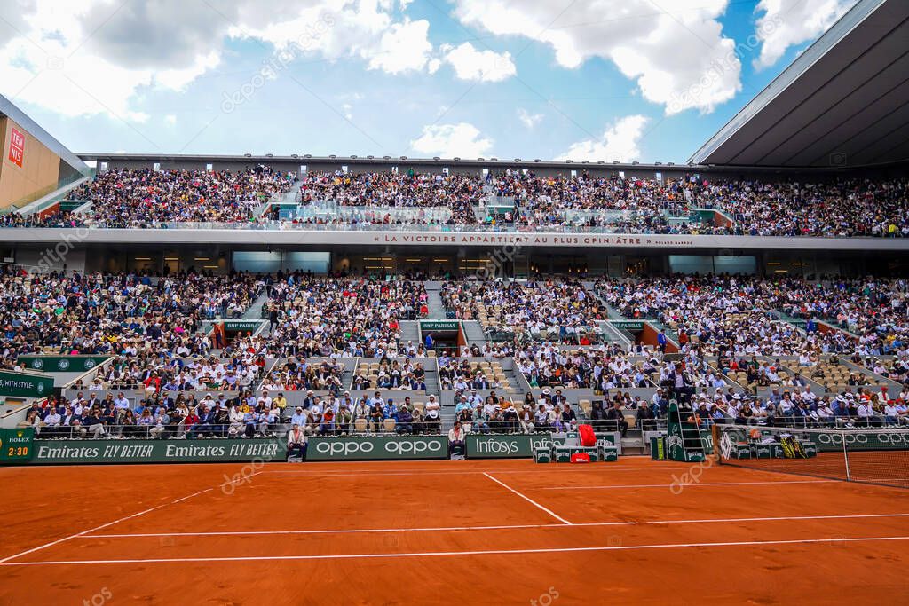 PARIS, FRANCE- MAY 30, 2022: Court Philippe Chatrier at Le Stade Roland Garros during round 4 match at 2022 Roland Garros in Paris, France