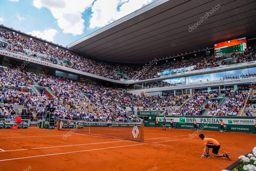 PARIS, FRANCE- MAY 30, 2022: Court Philippe Chatrier at Le Stade Roland Garros during round 4 match at 2022 Roland Garros in Paris, France