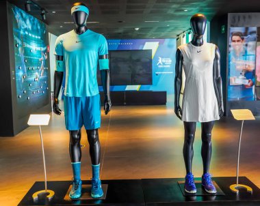 ISLA MUJERES, MEXICO - APRIL 25, 2022: Rafael Nadal tennis uniform on display at the Rafa Nadal Museum, Rafa Nadal Tennis Centre in Costa Mujeres, Mexico