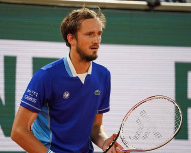 PARIS, FRANCE - MAY 30, 2022: Grand Slam Champion Daniil Medvedev of Russia  in action during his men's singles round 4 match against Marin Cilic of Croatia at 2022 Roland Garros in Paris, France