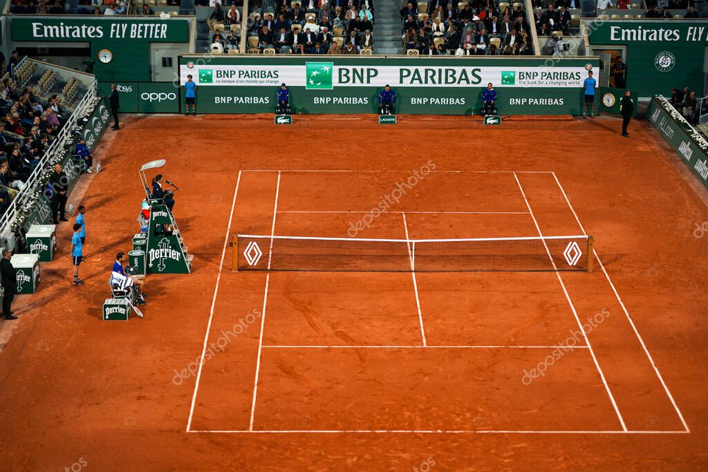 PARIS, FRANCE - MAY 30, 2022: Court Philippe Chatrier at Le Stade Roland Garros during round 4 night match at 2022 Roland Garros in Paris, France