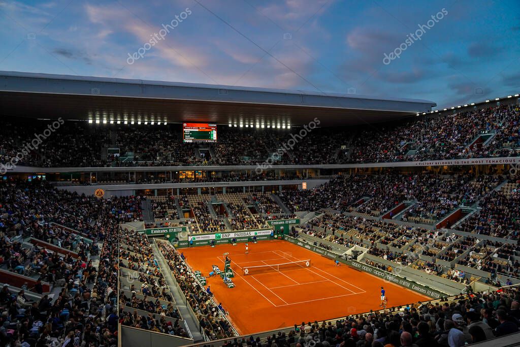 PARIS, FRANCE - MAY 30, 2022: Court Philippe Chatrier at Le Stade Roland Garros during round 4 night match at 2022 Roland Garros in Paris, France