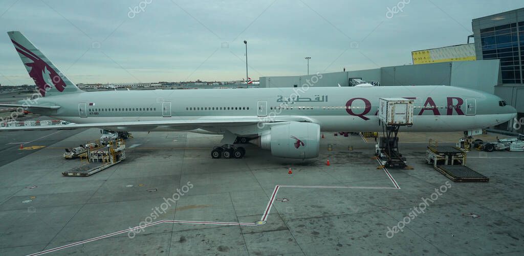 NEW YORK APRIL 4, 2022 Qatar Airways Boeing 777300ER by the gate at