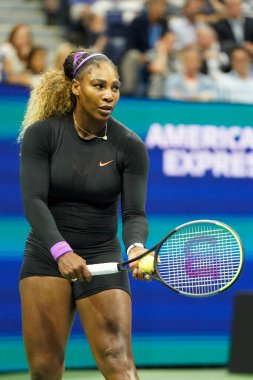 NEW YORK - AUGUST 26, 2019: Grand Slam champion Serena Williams of United States in action during 2019 US Open semi-final match against Elina Svitolina at Billie Jean King National Tennis Center 