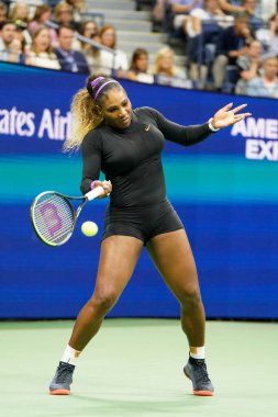 NEW YORK - AUGUST 26, 2019: Grand Slam champion Serena Williams of United States in action during 2019 US Open semi-final match against Elina Svitolina at Billie Jean King National Tennis Center 