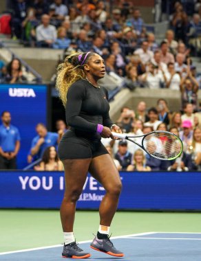 NEW YORK - SEPTEMBER 5, 2019: Grand Slam champion Serena Williams of United States celebrates victory after 2019 US Open semi-final match against Elina Svitolina at Billie Jean King National Tennis Center 
