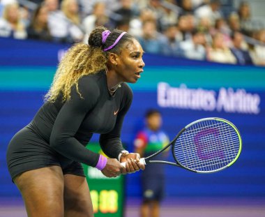 NEW YORK - AUGUST 26, 2019: Grand Slam champion Serena Williams of United States in action during 2019 US Open semi-final match against Elina Svitolina at Billie Jean King National Tennis Center 