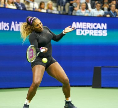 NEW YORK - AUGUST 26, 2019: Grand Slam champion Serena Williams of United States in action during 2019 US Open semi-final match against Elina Svitolina at Billie Jean King National Tennis Center 