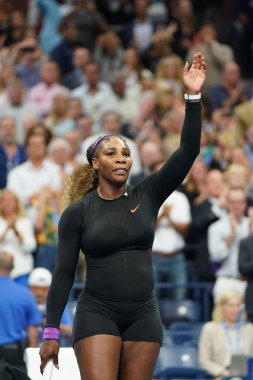 NEW YORK - SEPTEMBER 5, 2019: Grand Slam champion Serena Williams of United States celebrates victory after 2019 US Open semi-final match against Elina Svitolina at Billie Jean King National Tennis Center 