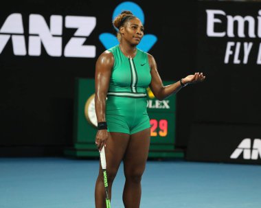 MELBOURNE, AUSTRALIA - JANUARY 21, 2019: 23-time Grand Slam Champion Serena Williams of United States in action during her round of 16 match against Simona Halep at 2019 Australian Open in Melbourne Park
