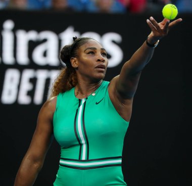 MELBOURNE, AUSTRALIA - JANUARY 21, 2019: 23-time Grand Slam Champion Serena Williams of United States in action during her round of 16 match against Simona Halep at 2019 Australian Open in Melbourne Park