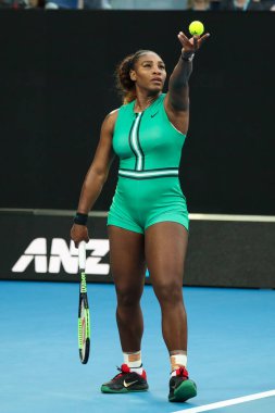 MELBOURNE, AUSTRALIA - JANUARY 21, 2019: 23-time Grand Slam Champion Serena Williams of United States in action during her round of 16 match against Simona Halep at 2019 Australian Open in Melbourne Park