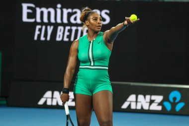 MELBOURNE, AUSTRALIA - JANUARY 21, 2019: 23-time Grand Slam Champion Serena Williams of United States in action during her round of 16 match against Simona Halep at 2019 Australian Open in Melbourne Park