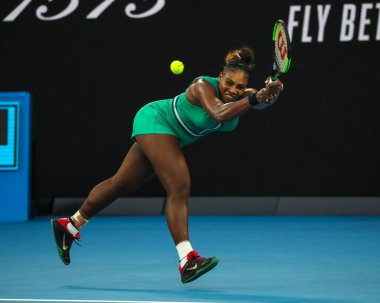 MELBOURNE, AUSTRALIA - JANUARY 21, 2019: 23-time Grand Slam Champion Serena Williams of United States in action during her round of 16 match against Simona Halep at 2019 Australian Open in Melbourne Park