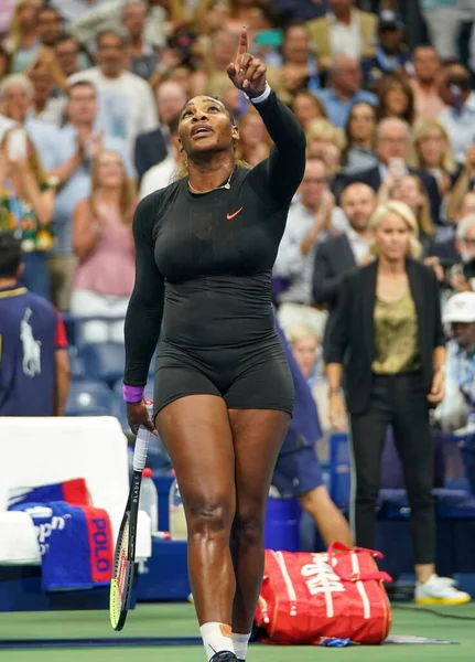 NEW YORK - SEPTEMBER 5, 2019: Grand Slam champion Serena Williams of United States celebrates victory after 2019 US Open semi-final match against Elina Svitolina at Billie Jean King National Tennis Center 