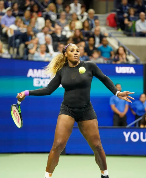 NEW YORK - AUGUST 26, 2019: Grand Slam champion Serena Williams of United States in action during 2019 US Open semi-final match against Elina Svitolina at Billie Jean King National Tennis Center 