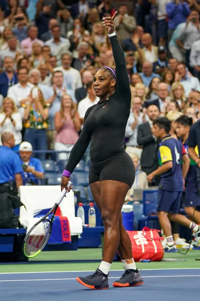 NEW YORK - SEPTEMBER 5, 2019: Grand Slam champion Serena Williams of United States celebrates victory after 2019 US Open semi-final match against Elina Svitolina at Billie Jean King National Tennis Center 