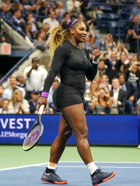 NEW YORK - SEPTEMBER 5, 2019: Grand Slam champion Serena Williams of United States celebrates victory after 2019 US Open semi-final match against Elina Svitolina at Billie Jean King National Tennis Center 