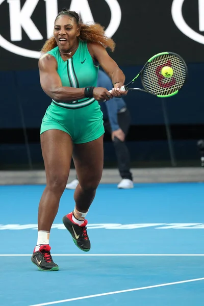 MELBOURNE, AUSTRALIA - JANUARY 21, 2019: 23-time Grand Slam Champion Serena Williams of United States in action during her round of 16 match against Simona Halep at 2019 Australian Open in Melbourne Park