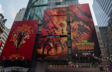 NEW YORK CITY - JULY 22, 2021: The Suicide Squad movie premiere billboard on Broadway in Midtown Manhattan
