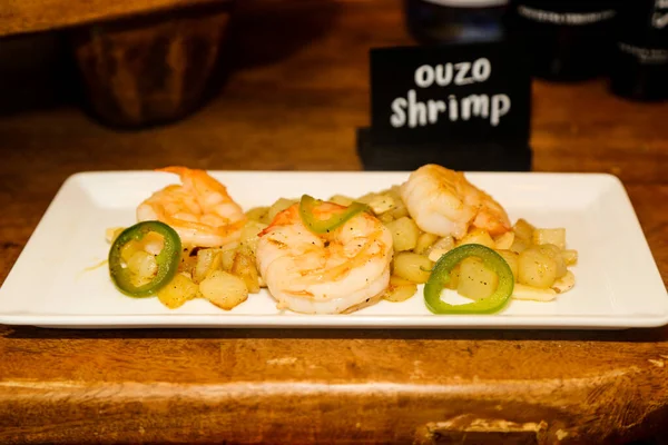 Ouzo Shrimp Dish Served Greek Restaurant — Stock fotografie