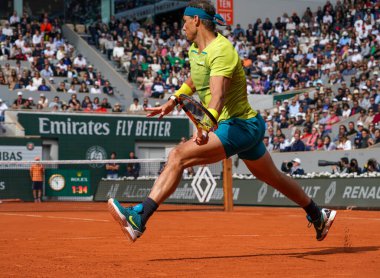 PARIS, FRANCE - MAY 29, 2022: Grand Slam champion Rafael Nadal of Spain in action during his round 4 match against Felix Auger Aliassime of Canada at 2022 Roland Garros in Paris, France