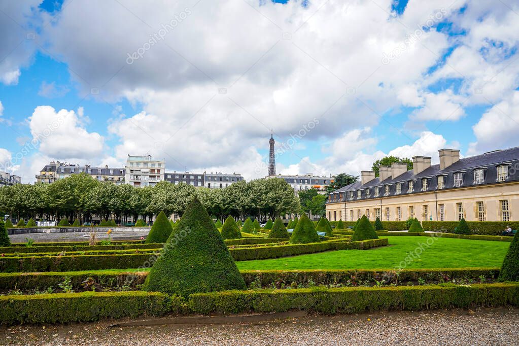 Landscaped garden of Les Invalides complex in Paris, France. Les Invalides is a complex of buildings icontaining museums and monuments, all relating to the military history of France