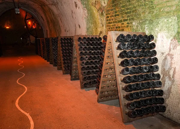 Champagne Bottles Pupitre Reims France Remuage Riddling Champagne — Stock Photo, Image