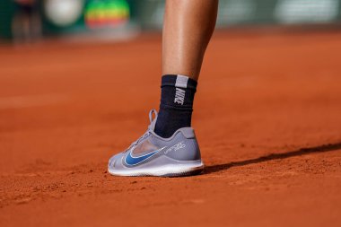 PARIS, FRANCE - MAY 31, 2022: Professional tennis player Carlos Alcaraz of Spain wears Nike tennis shoes during his quarter-final match against Alexander Zverev at 2022 Roland Garros in Paris, France