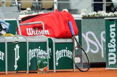PARIS, FRANCE - MAY 29, 2022: Professional tennis player Karen Khachanov of Russia used Wilson tennis bag during his round 4 match against Carlos Alcaraz of Spain at 2022 Roland Garros in Paris, France