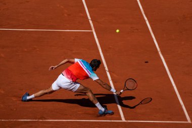 PARIS, FRANCE - JUNE 1, 2022: Grand Slam Champion Marin Cilic of Croatia in action during his quarter-final match against Andrey Rublev of Russia at 2022 Roland Garros in Paris, France