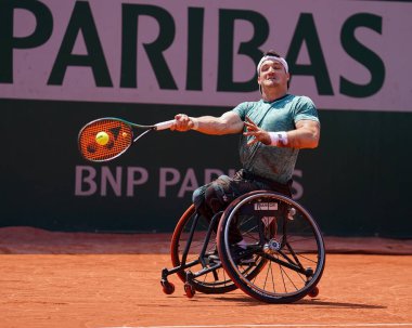 PARIS, FRANCE - JUNE 5, 2022: Argentinian wheelchair tennis player Gustavo Fernandez in action during his wheelchair men's singles final match against Shingo Kunieda at 2022 Roland Garros in Paris, France