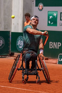 PARIS, FRANCE - JUNE 5, 2022: Argentinian wheelchair tennis player Gustavo Fernandez in action during his wheelchair men's singles final match against Shingo Kunieda at 2022 Roland Garros in Paris, France