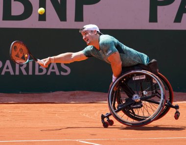 PARIS, FRANCE - JUNE 5, 2022: Argentinian wheelchair tennis player Gustavo Fernandez in action during his wheelchair men's singles final match against Shingo Kunieda at 2022 Roland Garros in Paris, France