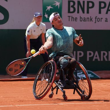 PARIS, FRANCE - JUNE 5, 2022: Argentinian wheelchair tennis player Gustavo Fernandez in action during his wheelchair men's singles final match against Shingo Kunieda at 2022 Roland Garros in Paris, France