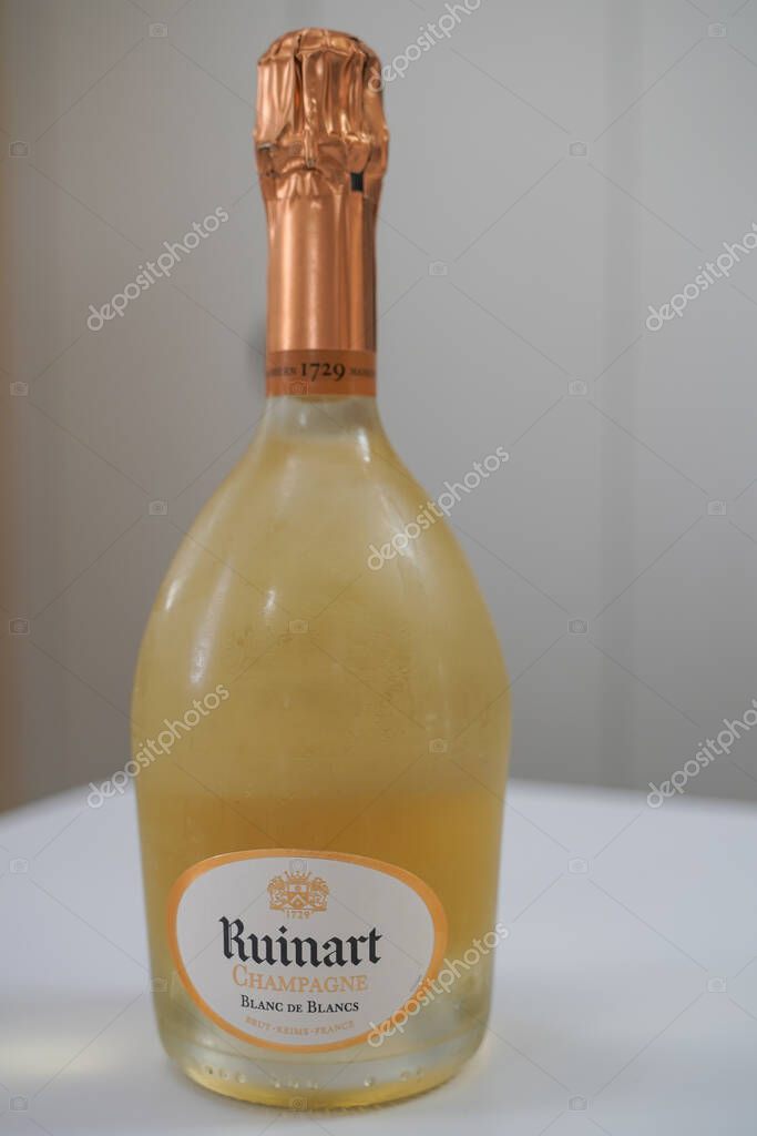 NEW YORK - AUGUST 27, 2022: Ruinart Blanc de Blancs Champagne. Ruinart is the oldest established Champagne house, exclusively producing champagne since 1729