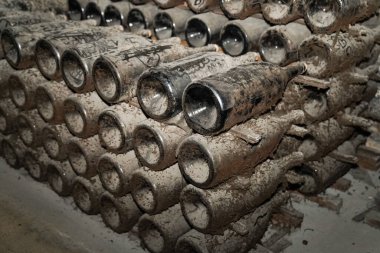 Champagne bottles in stock at champagne cellar in Reims, France