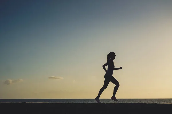 Silueta Una Mujer Atlética Corriendo Paseo Marítimo Playa Durante Atardecer Fotos De Stock