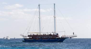 Sharm Ash Sheikh, Mısır - 01.18.2021. Kızıl Deniz kıyısı. Turistler körfezde bir gemi gezisi sırasında dalışa giderler..