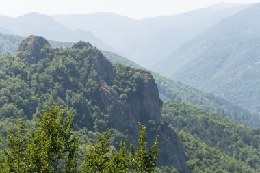 Rhodopes, Güneydoğu Avrupa 'da bir sıradağdır. Bulgaristan. Panorama. Orman alanı dağları kaplıyor..